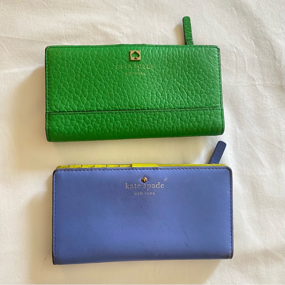 Lot of 2 Kate Spade Leather Vibrant Green Blue Snap Credit card Wallet coin zip